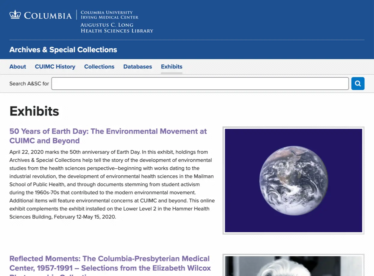 A screen shot of the Archives and Special Collections website