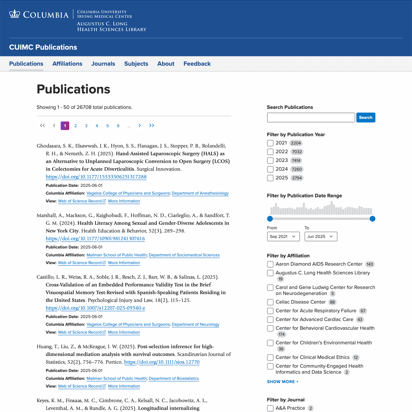 the CUIMC Publications main search page